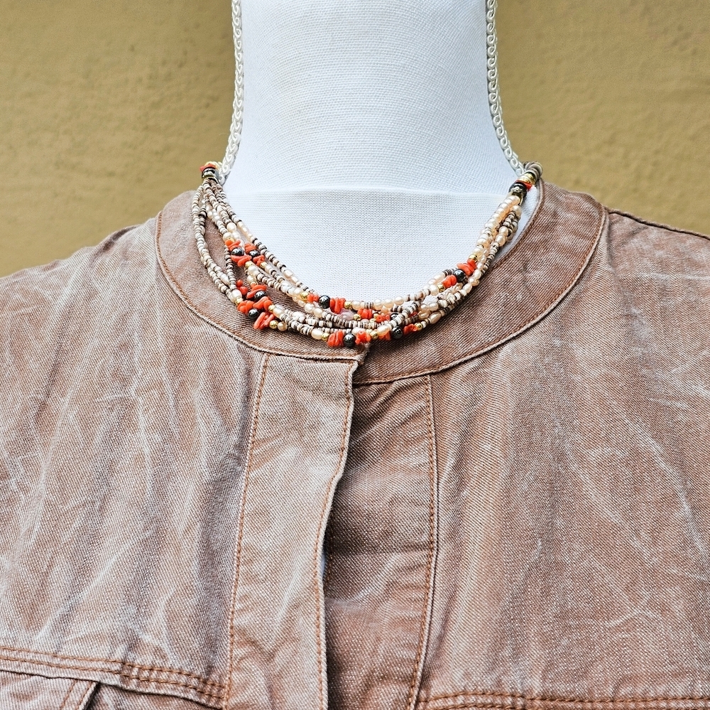 Nevajo Five Strand Choker Necklace Stone and Red Shell Heishi Necklace